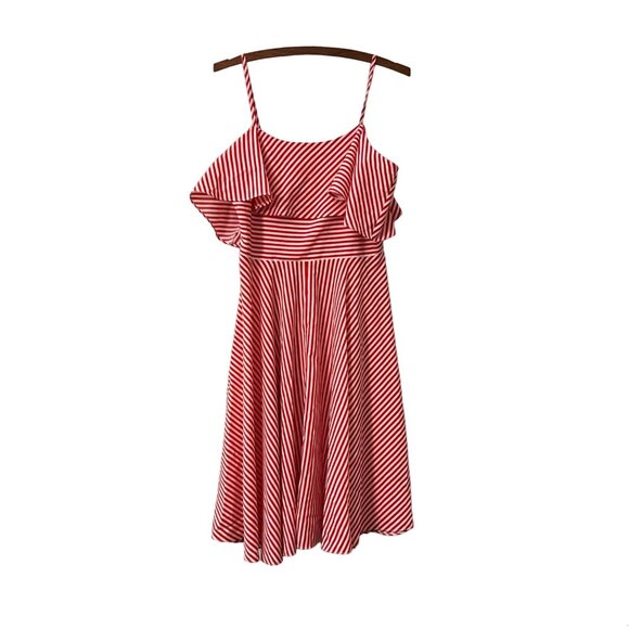 Neiman Marcus Red Striped Pin Up Cold Shoulder Ruffle Neckline Fit Flare Dress 4 - Picture 1 of 5